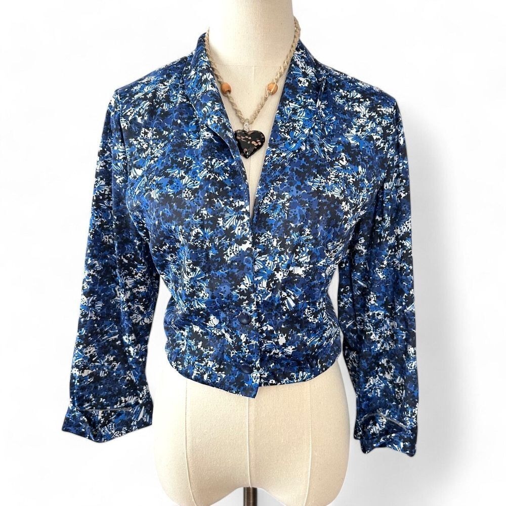 Vintage 80s Blue Floral Cropped Shacket Pearl Buttons Granny Chic Jacket Large - Picture 2 of 8
